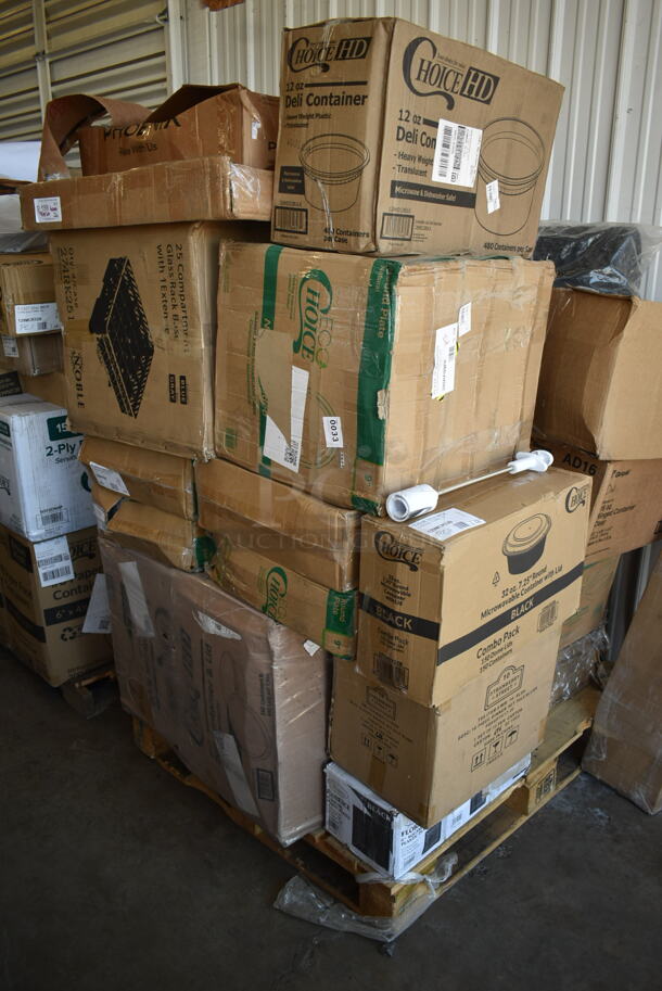 PALLET LOT of 26 BRAND NEW! Boxes Including 129MCR32B Choice 32 oz. Black Round Microwavable Heavy Weight Container with Lid 7 1/4" - 150/Case, WM-16-BLSH 10 Strawberry St - Pale Blush 16 pc dinner set, 3 Box 347SP6BK Visions Florence 6" Square Black Plastic Plate - 120/Case, 395TO961 EcoChoice 9" x 6" x 3" Compostable Sugarcane / Bagasse 1 Compartment Take-Out Container - 200/Case, Genpak Deli 16 oz Hinged Container, 128HD12BULK ChoiceHD 12 oz. Microwavable Translucent Plastic Deli Container - 480/Case, San Jamar KM2100B Tuf-Mat 3' x 5' Black Grease-Resistant Bagged Floor Mat - 1/2" Thick, 129MCS28W Choice 28 oz. White 8 3/4" x 6 1/4" x 1 3/4" Rectangular Microwavable Heavy Weight Container with Lid - 150/Case, 274RK251 Noble Products 25-Compartment Gray Full-Size Glass Rack with 1 Blue Extender, 3 Box 395RP09PF EcoChoice No PFAS Added 9" Natural Bagasse Blend Plate - 500/Case, 2 Box 128HD8COMBO ChoiceHD 8 oz. Microwavable Translucent Plastic Deli Container and Lid Combo Pack - 240/Case, Choice 7 oz. Translucent Thin Wall Plastic Cold Cup - 2500/Case. 26 Times Your Bid!