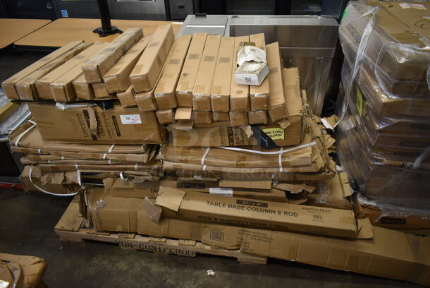 PALLET LOT of 49 BRAND NEW IN BOX! Table Parts Including 24 164TCLWDWL30 Standard Height Post Antique Walnut, 2 Table Base Plate 22x30, 2 164STBCOL425 Lancaster Table & Seating 25" x 4" Standard Height Table Base Column for Stamped Steel Line, 12 Round Base 30x30, 2 164TCOLRD437 Lancaster Table & Seating 37 1/2" x 4" Bar Height Table Base Column and Rod, 5 Connector Bar Height 30x96, 2 Connector Bar Height 30x72.