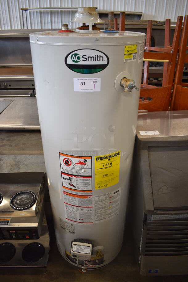 2013 AO Smith Model GCV 50 300 Metal Commercial Natural Gas Powered Automatic Storage Water Heater. 20x24x62