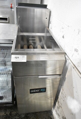 2019 Asber AEF Stainless Steel Commercial Floor Style Natural Gas Powered Deep Fat Fryer. 105,000 BTU. 