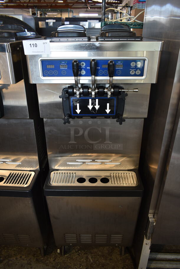 2012 Well Spring ISI-203SN Stainless Steel Commercial Floor Style Air Cooled 2 Flavor w/ Twist Soft Serve Ice Cream Machine on Commercial Casters. 220 Volts, 3 Phase.