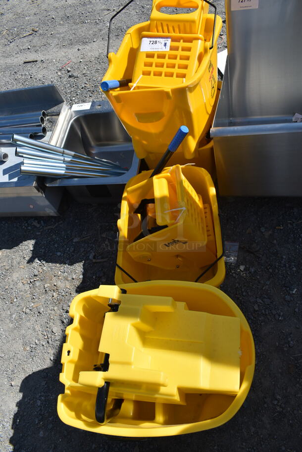 3 BRAND NEW SCRATCH AND DENT!  Rubbermaid / Lavex Yellow Poly Mop Buckets w/ Wringing Attachment. 3 Times Your Bid!