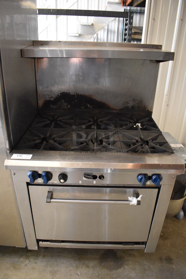 Stainless Steel Commercial Natural Gas Powered 6 Burner Range w/ Oven, Over Shelf and Back Splash. 36x32x58