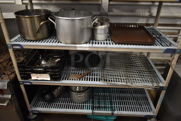 ALL ONE MONEY! Three Tier Lot of Various Items Including Metal Stock Pots and Racks