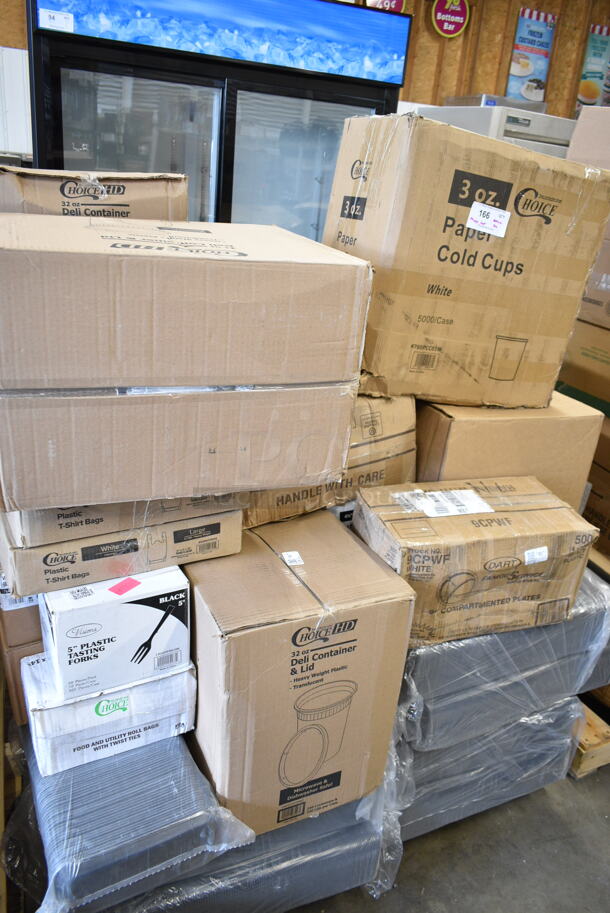PALLET LOT of 20 BRAND NEW Boxes Including 02122 Marque Napkins, Choice 32 oz Deli Container and Lid, 2 Box Choice Window Sandwich Bakery Bag, 2 Box 433NHT004 Choice Large Size White Plastic T-Shirt, Visoins Black 5" Tasting Forks, 128HD32COMBO ChoiceHD 32 oz. Microwavable Translucent Plastic Deli Container and Lid Combo Pack - 240/Case, 9CPWF Dart White 3 Compartment Famous Service, 760PCC03W Choice White Poly Paper Cold Cup, 5004DNAPWH Choice White Linen-Feel, 500CC20 Choice Clear Plastic Cold Cup, Dart 16RCL Optima White Travel Lid with Reclosable Tab - 1000/Case. 20 Times Your Bid!