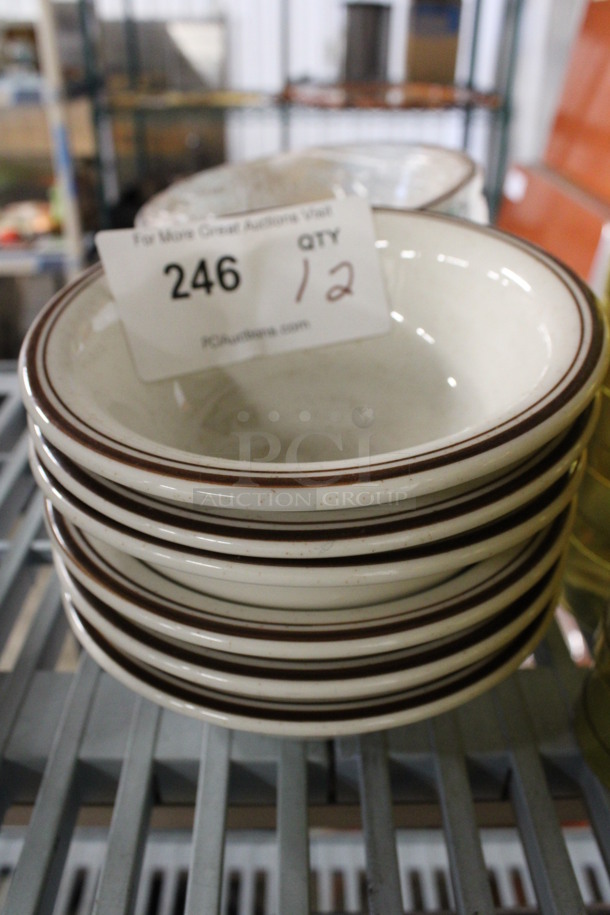 12 White Ceramic Bowls w/ Brown Rim  6.5x6.5x2. 12 Times Your Bid!