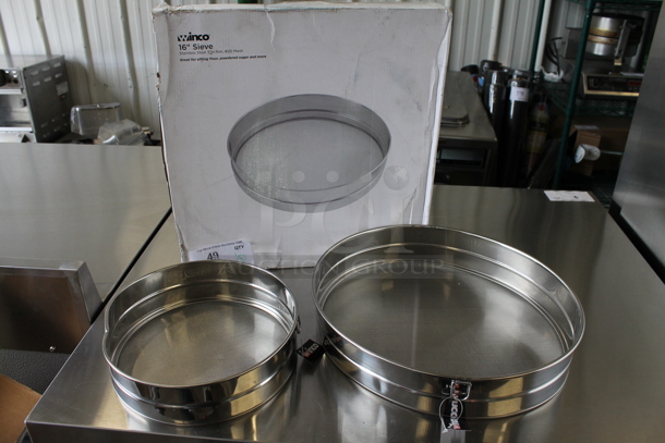 3 BRAND NEW SCRATCH AND DENT! Winco Stainless Steel Sieves; 10", 14", 16". 3 Times Your Bid! 