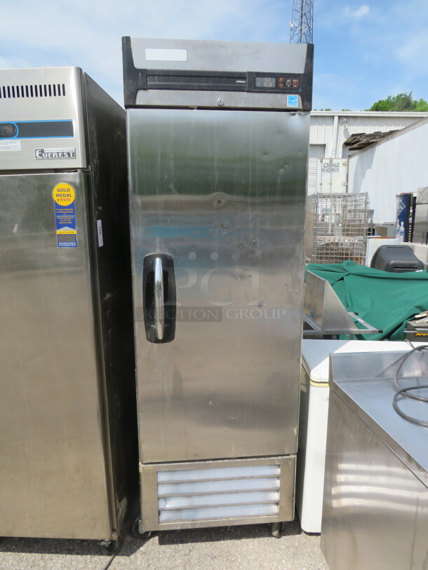 One Masterbilt SS 1 Door Refrigerator/And Or Freezer With 3 Racks On Casters. Model# R23-S. 115 Volt. 28X31X83