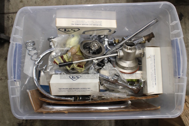 ALL ONE MONEY! Lot of Various T&S Metal Sink Parts Including Drain and Handles in Clear Poly Bin!
