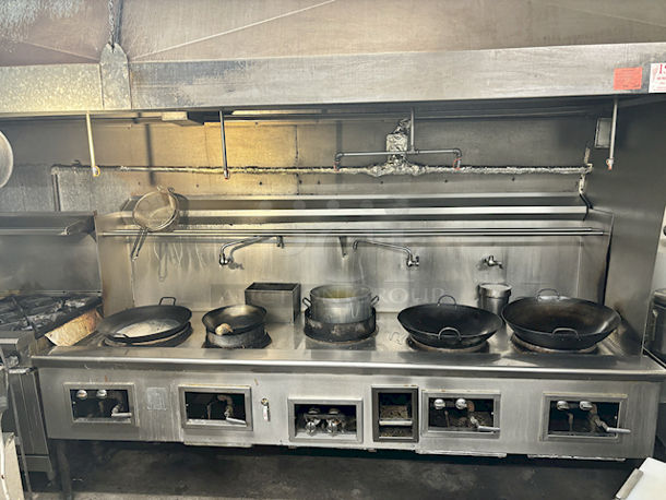 AWESOME! 9-1/2 Ft. Fully Functioning 5 Ring Wok Range, Natural Gas. Includes Everything Pictured. 115"x44"x60" 