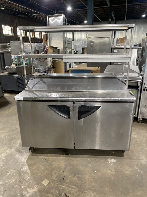 Turbo Air Stainless Steel Commercial Sandwich/Salad Refrigerated Prep Table! Eletric Powered! On Casters! With Double Over Head Shelf! MODEL TST-60SD 115V - Item #1127753
