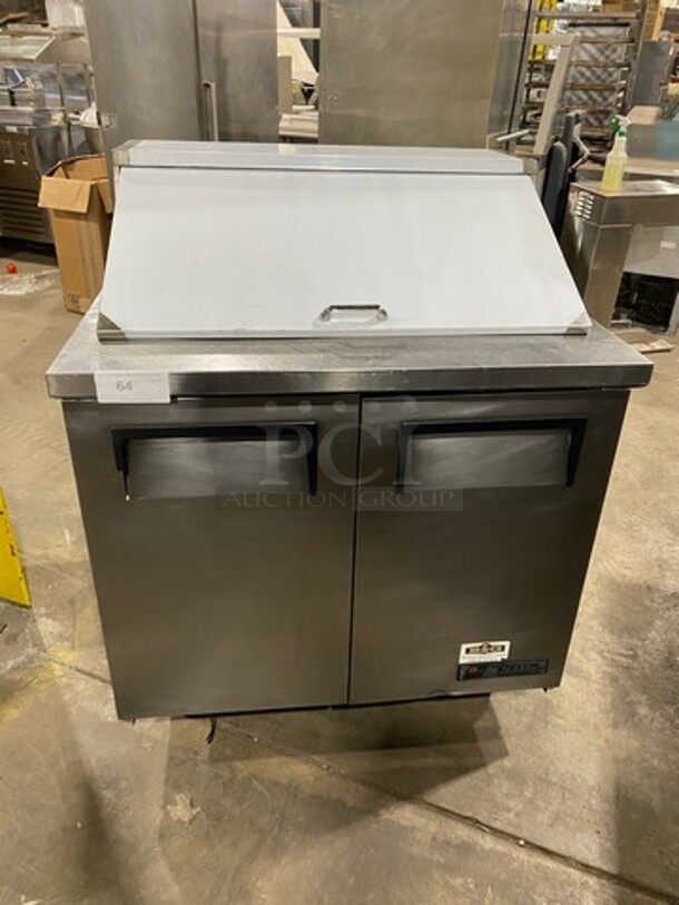 True Commercial Mega Top Refrigerated Sandwich Prep Table! With 2 Door Storage Space Underneath! All Stainless Steel! On Casters! Model: TSSU3608 SN: 5102103 115V 60HZ 1 Phase