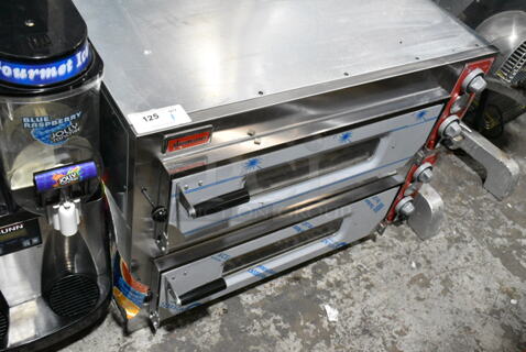 BRAND NEW SCRATCH AND DENT! Omcan MAX 8 Stainless Steel Commercial Countertop Electric Powered Double Stack Pizza Oven w/ Broken Cooking Stones. 230 Volts, 3 Phase.