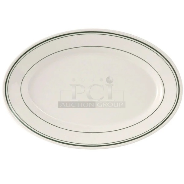 Box of 24 BRAND NEW SCRATCH AND DENT! Tuxton TGB-012 Green Bay 10 1/2" x 7 3/8" Eggshell Wide Rim Rolled Edge Oval China Platter with Green Bands