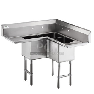 BRAND NEW SCRATCH AND DENT! Regency 600S3181818C Stainless Steel Commercial 3 Bay L Shaped Sink w/ Dual Drain Board. No Legs. Bays 18x18x14. Drain Boards 16x19.5