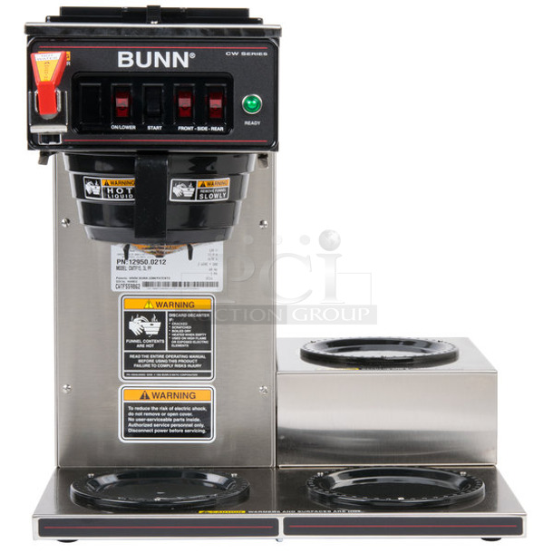 BRAND NEW SCRATCH AND DENT! 2023 Bunn CWTF15 Stainless Steel Commercial Countertop 3 Burner Coffee Machine w/ Hot Water Dispenser and Poly Brew Basket. 120 Volts, 1 Phase.