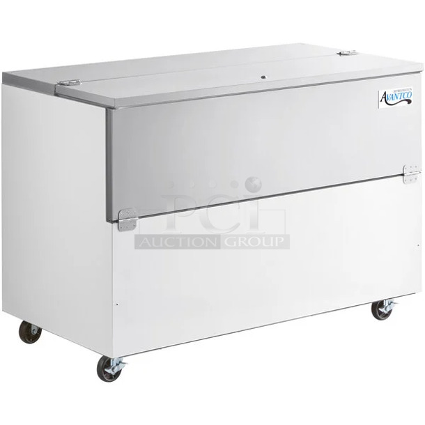 BRAND NEW SCRATCH AND DENT! 2023 Avantco 178MC58HC Stainless Steel Commercial School Milk Cooler on Commercial Casters. 115 Volts, 1 Phase. Tested and Working!
