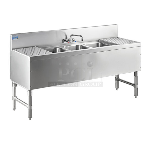 BRAND NEW SCRATCH AND DENT! Advance Tabco PRB-19-53C Stainless Steel 3 Compartment Prestige Series Underbar Sink with (2) 12" Drainboards and Splash Mount Faucet - 20" x 60"