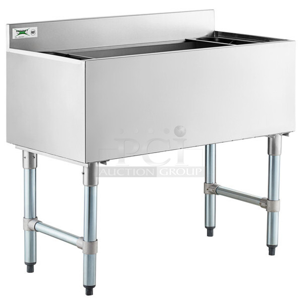 BRAND NEW SCRATCH AND DENT! Regency 600IB1836CP 18" x 36" Underbar Ice Bin with 7 Circuit Post-Mix Cold Plate and Bottle Holders - 79 lb. No Legs. 