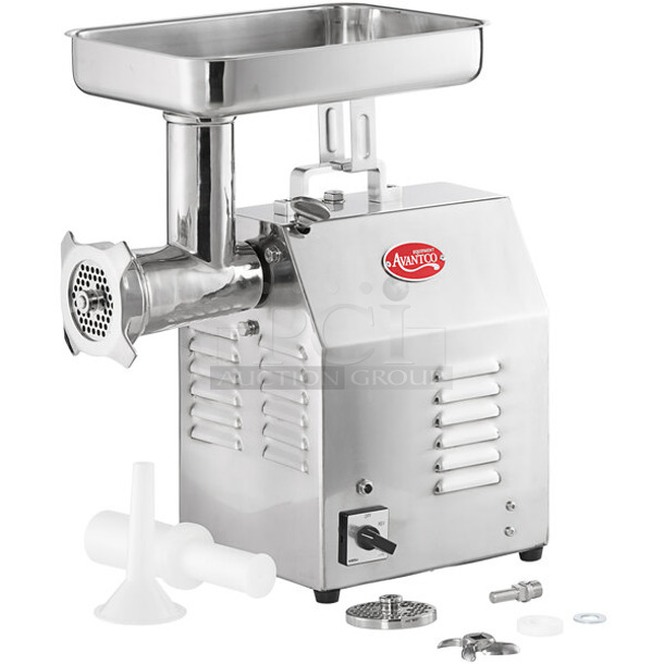 BRAND NEW SCRATCH AND DENT! Avantco 177MG22R Stainless Steel Commercial Countertop #22 Meat Grinder with Reverse Function. 110 Volts, 1 Phase. Tested and Working!