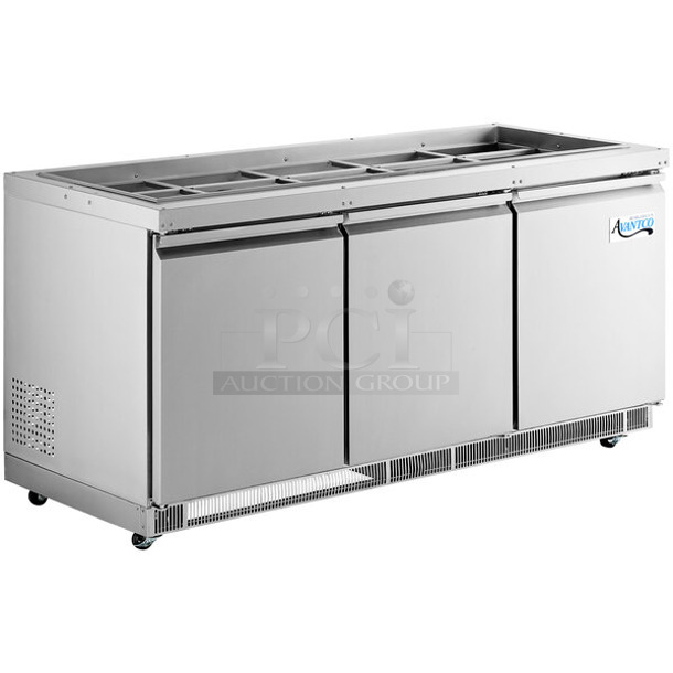 BRAND NEW SCRATCH AND DENT! 2023 Avantco 178SSCFT72HC Stainless Steel Commercial Refrigerated Salad Bar / Cold Food Table on Commercial Casters. 115 Volts, 1 Phase. - Item #1128080