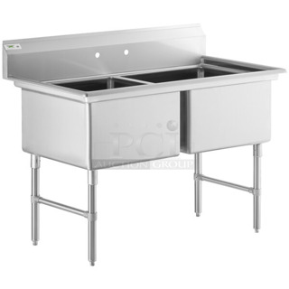 BRAND NEW SCRATCH AND DENT! Regency 600S22424 55" 16 Gauge Stainless Steel Two Compartment Commercial Sink with Stainless Steel Legs and Cross Bracing - 24" x 24" x 14" Bowls