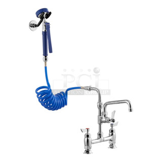 BRAND NEW SCRATCH AND DENT! Waterloo 750fdu88 2.6 GPM Deck-Mounted Pet Grooming / Utility Faucet with 8" Centers, 9' Coiled Hose, and 8" Add-On Faucet 