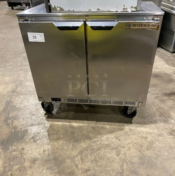 Beverage Air Stainless Steel Commercial 2 Door Undercounter Cooler on Commercial Casters! MODEL UCR34HC SN:13304623 115V 1PH - Item #1115904