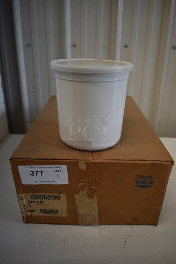 6 BRAND NEW IN BOX! Vollrath White Poly Crocks w/ Clear Lid. 7x7x7. 6 Times Your Bid!
