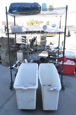 2 White Poly Ingredient Bin w/ Contents Including Muffin Baking Pans and Bins. Does Not Include Shelving Unit. 2 Times Your Bid!