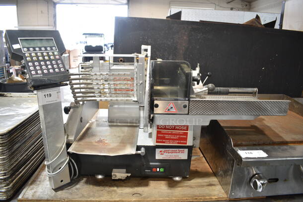 Bizerba A 404 FB US Metal Commercial Countertop Meat Slicer Stacker. 120 Volts, 1 Phase. Tested and Powers On But Parts Do Not Move - Needs Control Box Replaced