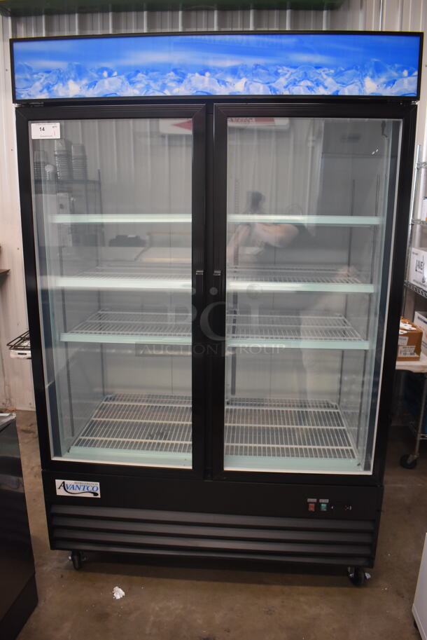 SCRATCH AND DENT! Avantco GDC-49F-HC 53" Black Swing Glass Door Merchandiser Freezer with LED Lighting on Commercial Casters 115 Volt 1 Phase. Tested and Does Not Power On
