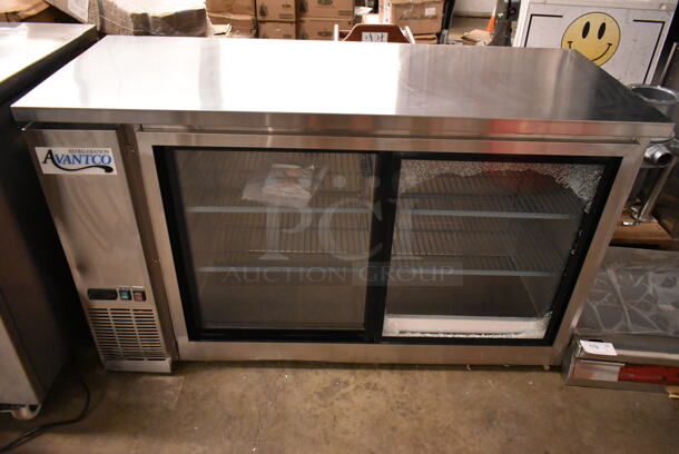 BRAND NEW SCRATCH AND DENT! Avantco 178UBB60SHCS 60" Stainless Steel Counter Height Narrow Sliding Glass Door Back Bar Refrigerator with LED Lighting. See Pictures for Broken Door Glass. 115 Volts, 1 Phase. Tested and Working!