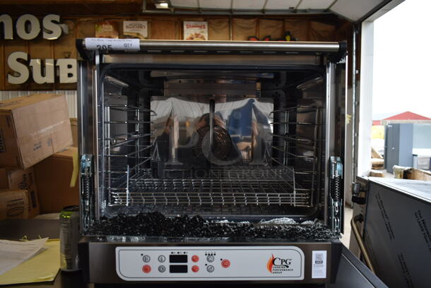 BRAND NEW SCRATCH AND DENT! Cooking Performance Group CPG 351COHD4M Stainless Steel Commercial Electric Digital Countertop 4 Tray Half Size Convection Oven with Steam Injection. See Pictures For Glass Damage. 208/240 Volts, 1 Phase.
