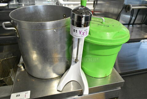 3 Various Items Including Single Head Drink Mixer, Choice Green Poly Lettuce Spinner and Metal Stock Pot. 3 Times Your Bid! 