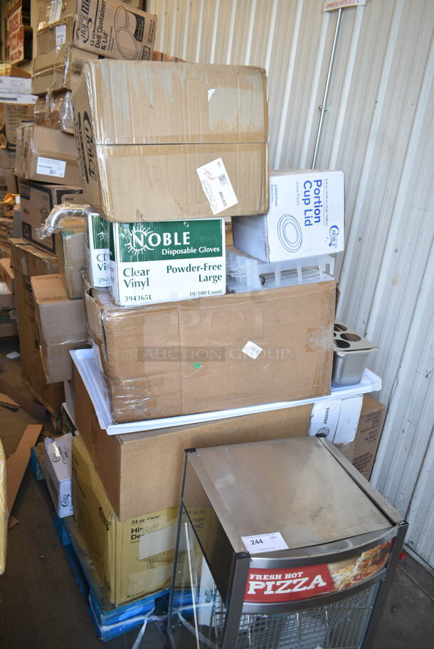 PALLET LOT of 28 BRAND NEW Boxes Including 394365L Noble Products Powder-Free Disposable Clear Vinyl Gloves for Foodservice - Large - 1000/Case, Choice Portion Cup Lid, 50010W Choice 10 oz. White Poly Paper Hot Cup - 1000/Case, Choice 24 oz Clear Hinged Lid Container, 190H10LVS12OZ Avantco 178SLD10LN12 10 Lane Gravity Feed Bottle Organizer for 8 oz. and slim 12 oz. Bottles, 129MCR50W Choice 48 oz. White 9