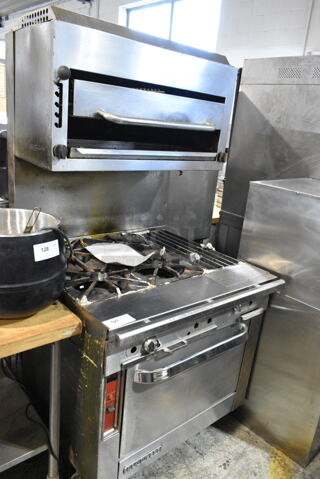 Blodgett B36D-BBG Stainless Steel Commercial Gas Powered 4 Burner Range w/ Charbroiler, Salamander Cheese Melter and Oven. 