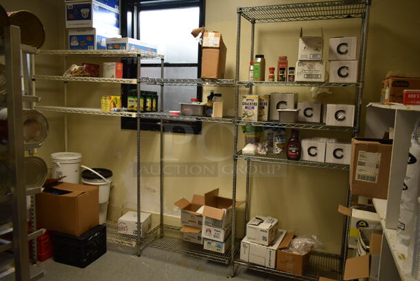 Wire Shelving Units. Does Not Come w/ Contents. BUYER MUST REMOVE: BUYER MUST DISMANTLE. PCI CANNOT DISMANTLE FOR SHIPPING. PLEASE CONSIDER FREIGHT CHARGES. (dish room)