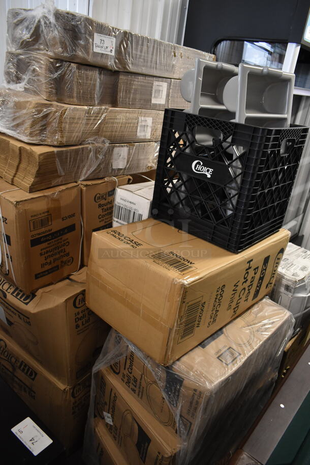 PALLET LOT of 33 BRAND NEW Boxes Including 2 Box 245CB12PLN Choice Kraft Plain Pizza Box, 2 Box 612509LCO Choice 9" Round Standard Weight Foil Take-Out Pan with Board Lid - 200/Case, 2 Box Choice 16 oz Deli Container and Lid, 4112-CL Fineline Quenchers 4112-CL Blaster Bomb Shot Cups / Power Bombs - 500/Case, 50020W Choice 20 oz. White Poly Paper Hot Cup - 600/Case, 3 Box 128HD8COMBO ChoiceHD 8 oz. Microwavable Translucent Plastic Deli Container and Lid Combo Pack - 240/Case, 6 Box 130WSPOON Choice Medium Weight White Plastic Teaspoon - 1000/Case, Dart 50HT1 5" x 5" x 3" White Foam Hinged Lid Container - 500/Case, 124A4012 American Metalcraft A4012 12" x 1" Standard Weight Aluminum Straight Sided Pizza Pan, 40716QTALMHB Choice 16 Qt. Aluminum Colander with Base and Handles, 500PMBG Choice 10" x 14" Ecru Colored Paper Placemat with Scalloped Edge - 1000/Case. 33 Times Your Bid!