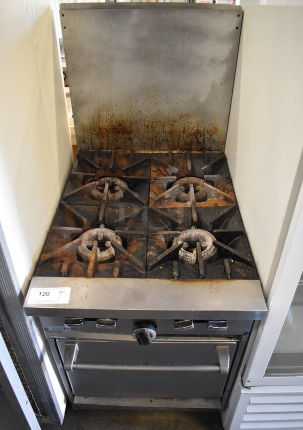 Garland SunFire Stainless Steel Commercial Natural Gas Powered 4 Burner Range w/ Oven and Back Splash. 24x34x56