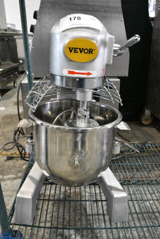 Vevor XZ-SZM Metal Commercial Countertop 10 Quart Planetary Dough Mixer w/ Stainless Steel Mixing Bowl, Bowl Guard, Whisk, Paddle and Dough Hook Attachments. 110 Volts, 1 Phase. Tested and Powers On But Parts Do Not Move