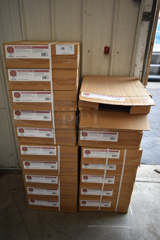 18 Boxes of 10 BRAND NEW! 416-25152 U Maroon Ecoprep EPP 15" Thin Line Floor Maintenance Pads. One Box Only Has 2 Pads. 18 Times Your Bid!