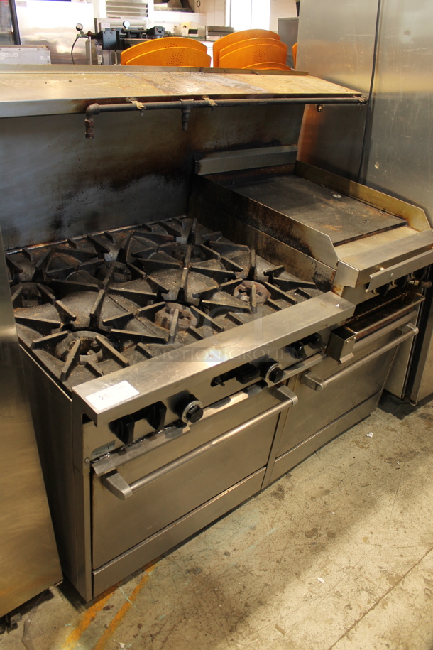 Garland X60-6R24RR Stainless Steel Commercial Natural Gas Powered 6 Burner Range w/ Right Side Flat Top Griddle, 2 Ovens, Back Splash and Over Shelf.