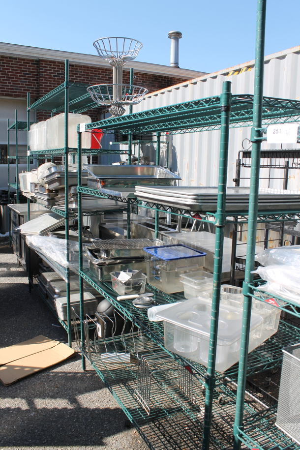 Metro Green Metal 4 Tier Wire Shelving Unit w/ Contents Including Poly Bins. BUYER MUST DISMANTLE. PCI CANNOT DISMANTLE FOR SHIPPING. PLEASE CONSIDER FREIGHT CHARGES.