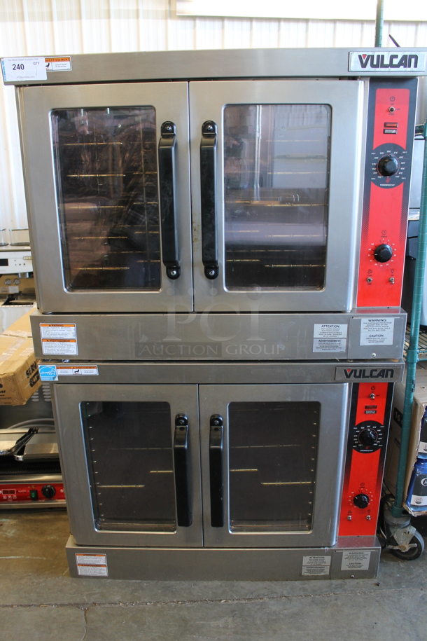 2 LIKE NEW! Vulcan VC4ED Stainless Steel Commercial Electric Powered Full Size Convection Ovens w/ View Through Doors, Metal Oven Racks and Thermostatic Controls. 208 Volts, 3/1 Phase. 2 Times Your Bid!