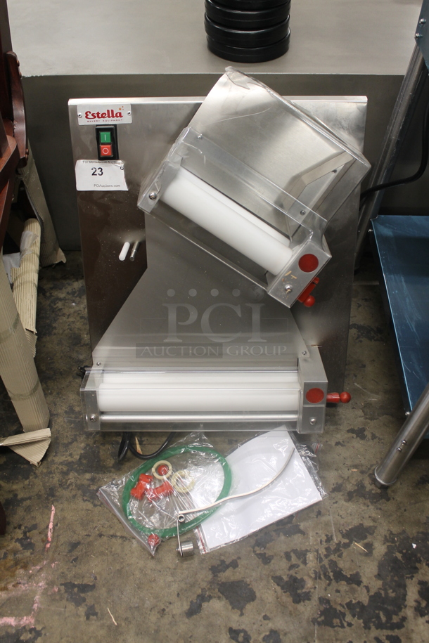BRAND NEW SCRATCH AND DENT! Estella 348EDS12D Stainless Steel Commercial Countertop 12" Double Pass Dough Sheeter. Stock Picture Used as Gallery. 120 Volts, 1 Phase. Tested and Working!