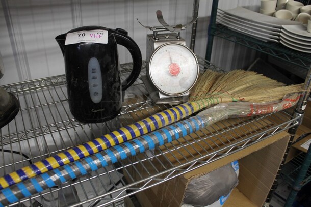 ALL ONE MONEY! Lot of Various Items Including Brooms, Scale and Water Heater