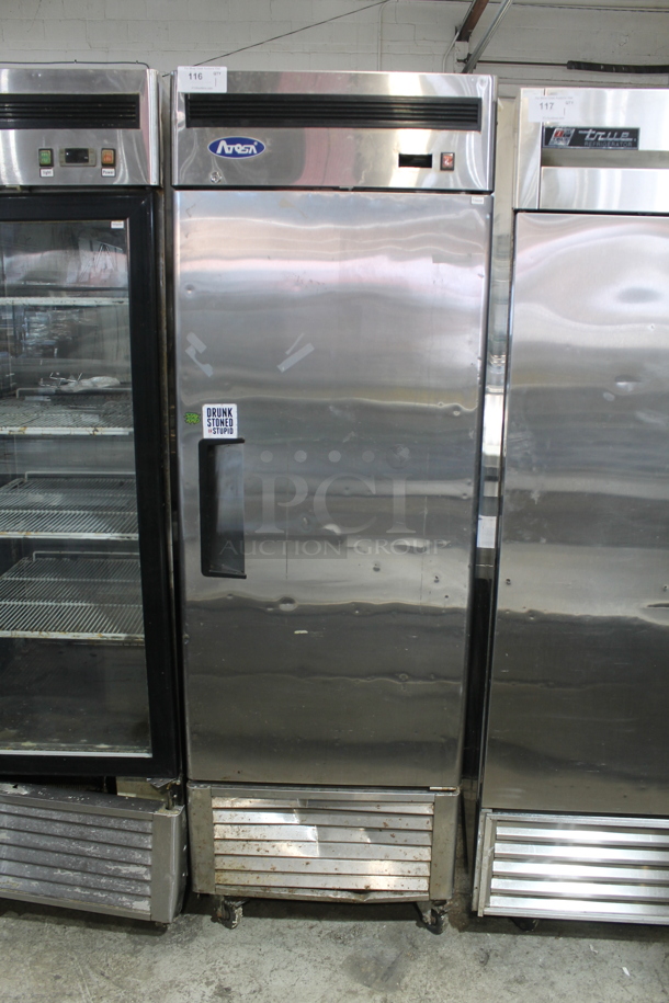 2017 Atosa MBFB501 Stainless Steel Commercial Single Door Reach In Cooler w/ Poly Coated Racks on Commercial Casters. 115 Volts, 1 Phase. Tested and Powers On But Does Not Get Cold