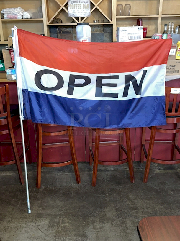 SWEET! Red, White & Blue Open Flag With Pole. 