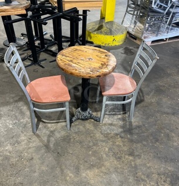 NICE! ALL ONE MONEY! Dining Set! Solid Wood 24" Round Dining Table! With Black Pedestal Base! With 2 Platinum Finish Metal Chairs!
